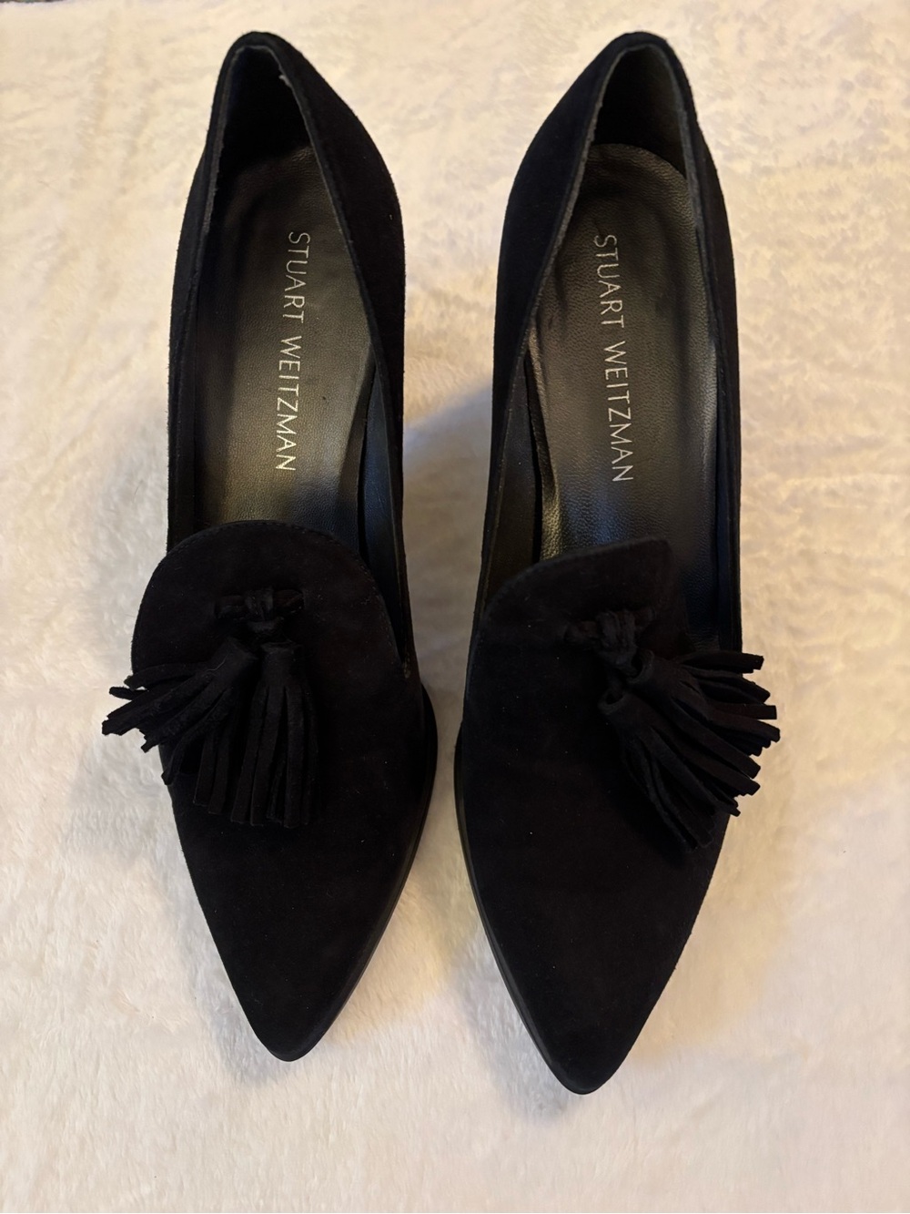 Stuart Weitzman Black Suede Pointed-Toe Tassel block heels